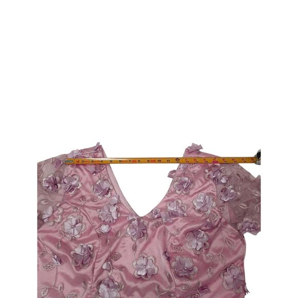 VNTG 80s Satin Dress Sz XL Pink 3D Flowers Chiffon Sleeves Fairy Princess Retro - Picture 9 of 12